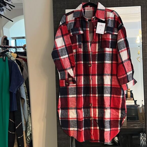 NWT Women's Blend Long Plaid Shirt Jacket Button Shacket Pocketed Flannel Coat - Picture 6 of 6